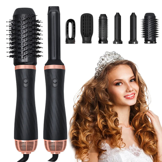 6 in 1 Blow Dryer Brush Powerful Hair Dryer Hot Air Brush Curling Iron Wand Negative Ionic Air Curler Hair Styler Curling Brush.