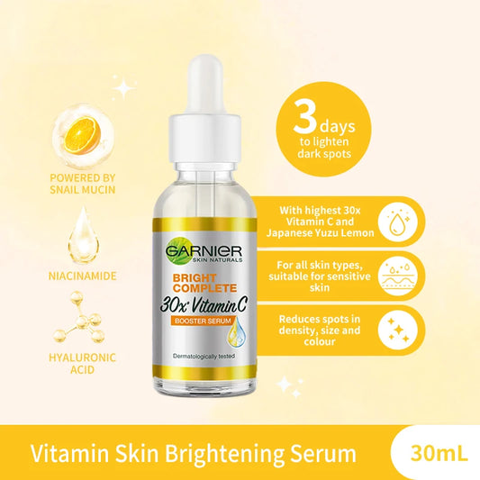 Garnier Bright Complete 30x Vitamin C Niacinamide Booster Serum Whitening Skin Tone Essence Fade Acne Mark Beauty Products 30ml.