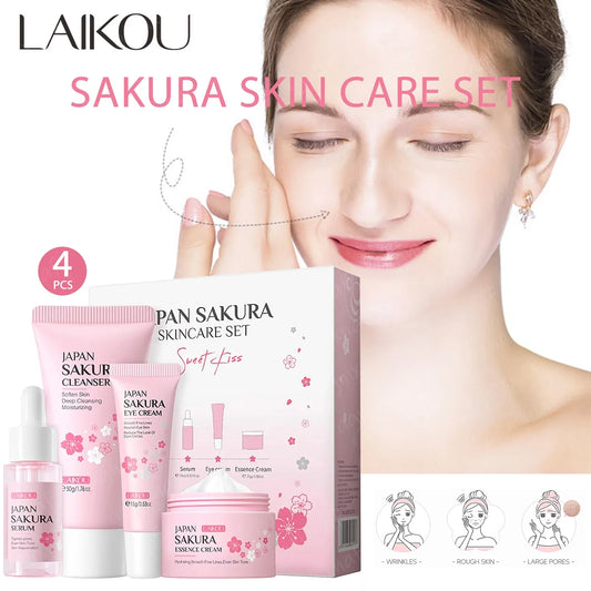 LAIKOU Sakura Face Skincare Set For Women Anti-Aging Eye Cream Brightening Face Cream Hydrating Serum Cleanser Skincare Kit 4pcs.