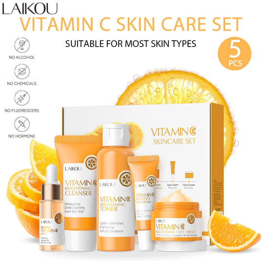 LAIKOU Vitamin C Skin Care Set Deep Cleansing Facial Cleanser Face Cream Moisturizer Toner Eye Serum Gift Box Skin Care 5pcs Set.