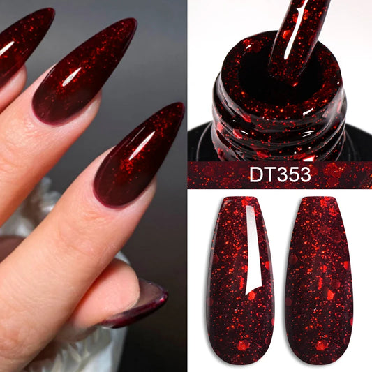 MEET ACROSS 7ml Red Gel Nail Polish Crystal Semi Permanent Soak Off UV Gel Varnish Nail Art Manicure Base Matte Top Coat Vernis.